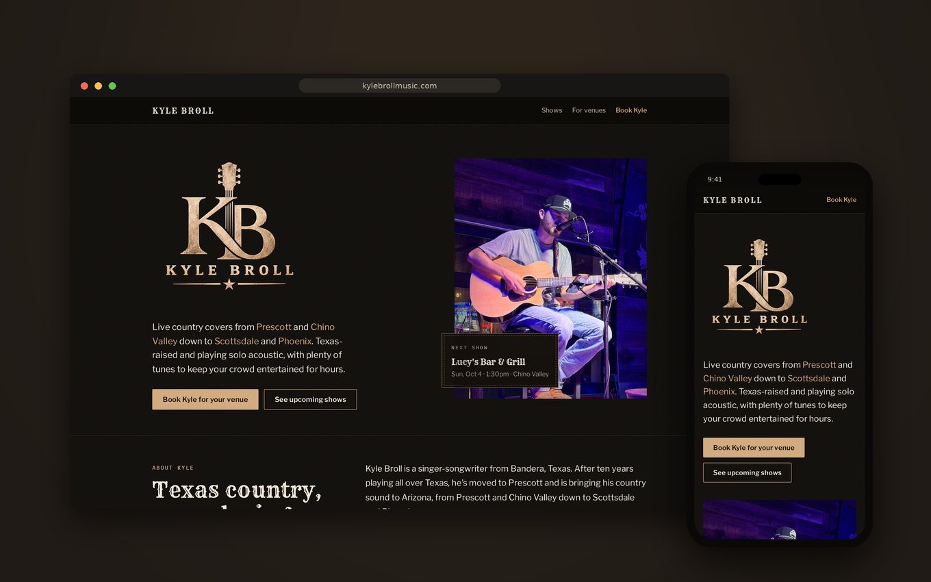 Kyle Broll Music website shown on a laptop and a phone