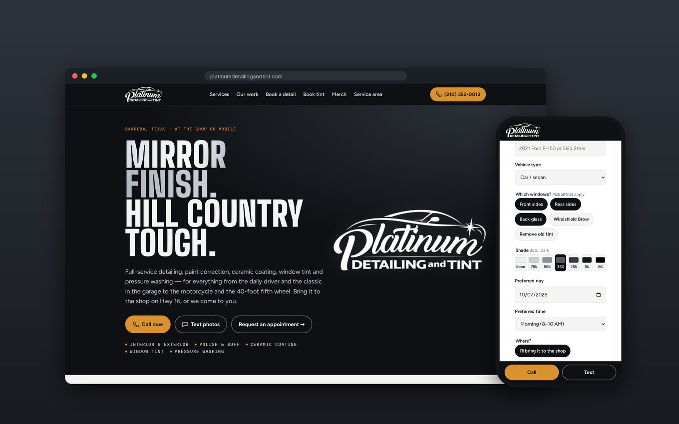 Platinum Detailing and Tint website shown on a laptop and a phone